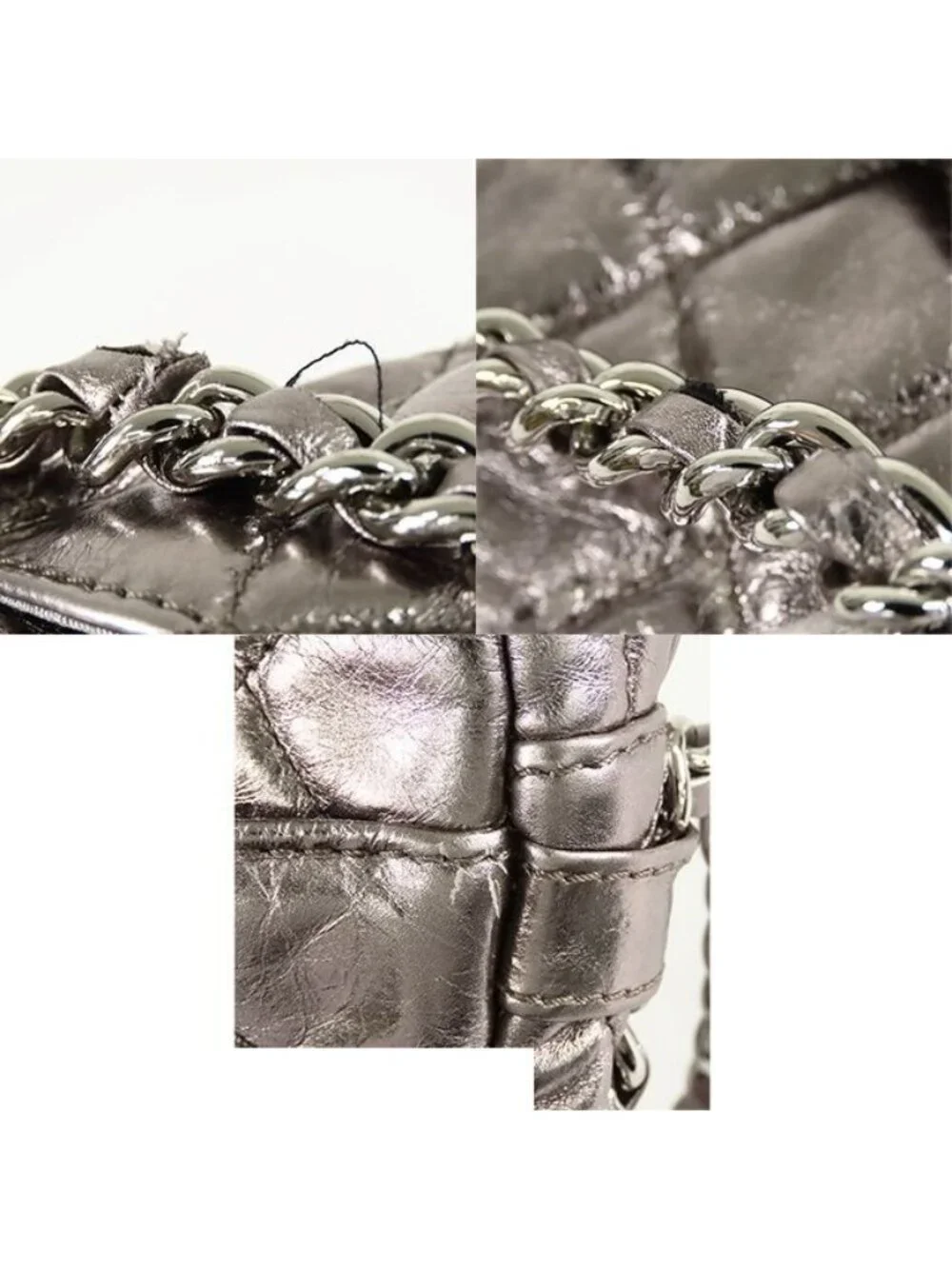 Chanel Quilted Chain Bag Metallic Silver Leather CC Logo Handbag